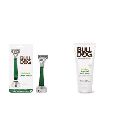 Bulldog Original Razor With Glass Handle Made From Recycled Glass with 1 Refill Cartridge 1 Count and Skincare For Men Original Shave Gel 175 Milliliters