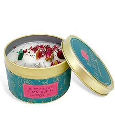 Fifi Peony Gemstone Candles - Juicy Pear & Vanilla Scent Malachite Infused 8oz Gold Tin Eco-Friendly Soy Wax with Wooden Wick - Buy Online on GoSupps.com
