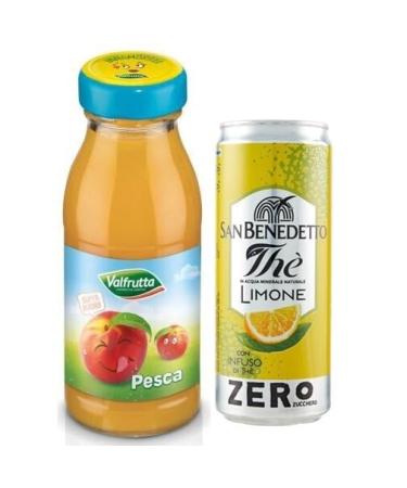 Valfrutta Succhi di Frutta Pasca Lot de 48 jus de fruits aux p ches italiennes boisson sans alcool 125 ml + 1 bo te de th glac San Benedetto au citron sans sucre 330 ml