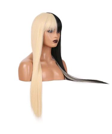 RONGDUOYI Half Black Half Blonde 24 Inch Wig with Bangs - Silky Straight Synthetic Fashion Wig for Women and Girls - Ideal for Cosplay and Costume Parties - Buy Online on GoSupps.com