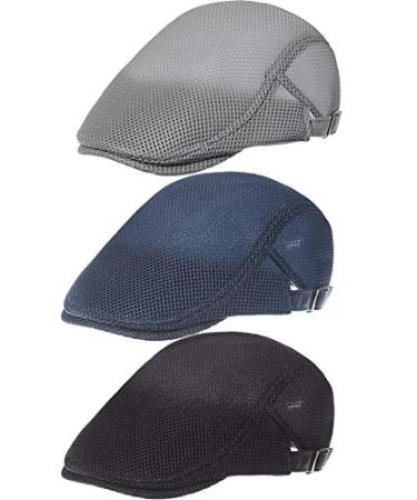 Geyoga 3 Pieces Mesh Newsboy Cap Mesh Breathable Summer Cap Adjustable Newsboy Beret Cap Cabbie Flat Cap Light Gray, Navy Blue, Black