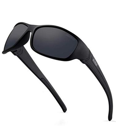 DEAFRAIN Polarized Sports Sunglasses for Men Women Driving Fishing Cycling Running UV Protection A-frame:matte Black / Color:smoke Lens