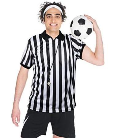 Official Men's Referee Jersey - Black & White Striped Shirt with Collar Yellow Penalty Flag & Stainless Steel Pipe for Basketball & Football - Buy Online on GoSupps.com
