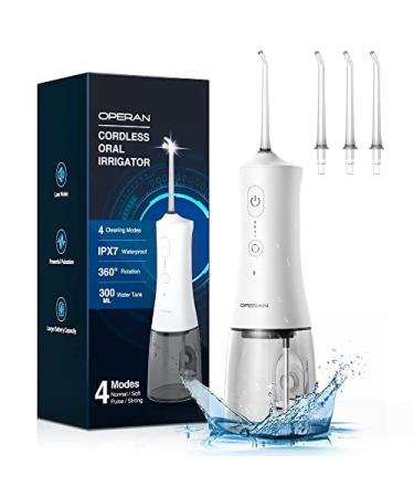 Water Flosser for Teeth Operan 300ML Water Dental Flosser Cordless Dental Oral Irrigator with 4 Modes IPX7 Waterproof Powerful Battery Life Water Teeth Cleaner Picks for Home and Travel White