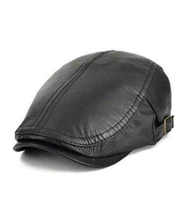 VOBOOM Men Women Adjustable Genuine Leather Ivy Cap Newsboy Hat Black