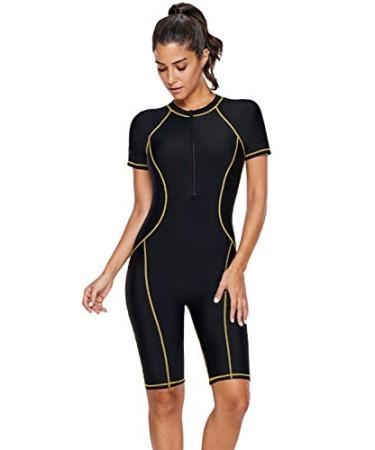SAILBEE Women's One Piece Short Sleeves Contoured Zip Front Wetsuit Swimsuit Large Yellow Seam