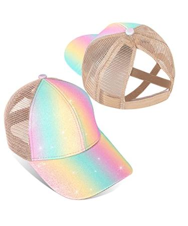 Girls Glitter Baseball Cap Criss Cross Hat, Girl High Ponytail Hat - Kids Trucker Hat with High Bun Messy Ponytail(Ages5-15) Shiny Design - Multicolor