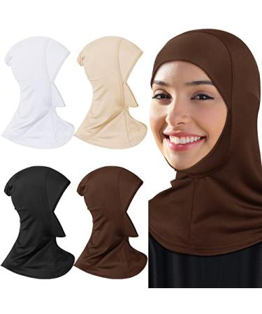 4 Pieces Modal Hijab Cap Adjustable Muslim Stretchy Turban Full Cover Shawl Cap Full Neck Coverage for Lady Black, White, Dark Brown, Light Red, Beige