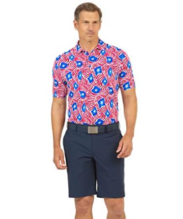 IBKUL Men's Athleisure Wear Sun Protective UPF 50+ Icefil Cooling Tech Rylee Print Short Sleeve Polo - 94193 Color: Blue/Red - Print: Rylee Large