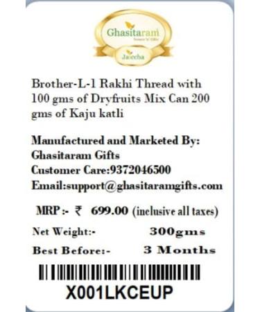 Ghasitaram Gifts Rakhis Online for Brother-L-1 Rakhi Thread with 100 GMS of Dryfruits Mix Can 200 GMS of Kaju katli Rakhi & 100g Dryfruits Mix Can 200g Kaju katli - Buy Online on GoSupps.com
