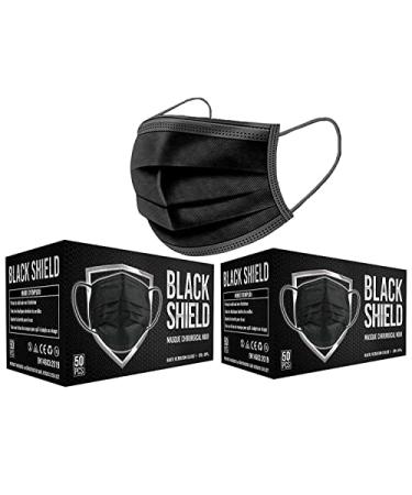BLACK SHIELD - 100 + 2 Black Face Masks - 3 Layers - Ultra Comfy - Gentle Elastic Earloop - Disposable