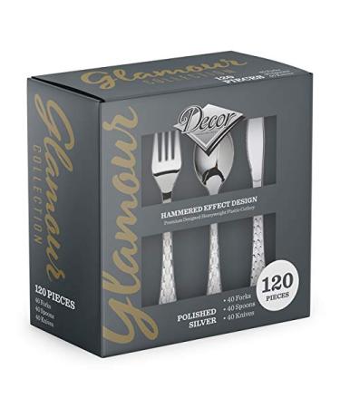 120 Count Heavyweight Plastic Cutlery -Hammered Effect Design - Faux Polished Silver