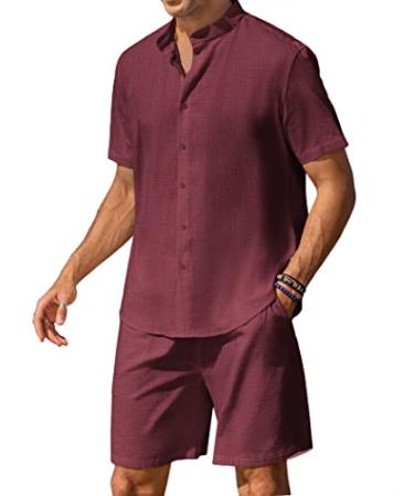 COOFANDY Men's 2 Piece Linen Set Casual Band Collar Shirt and Shorts Beach Sets XX-Large Wine Red