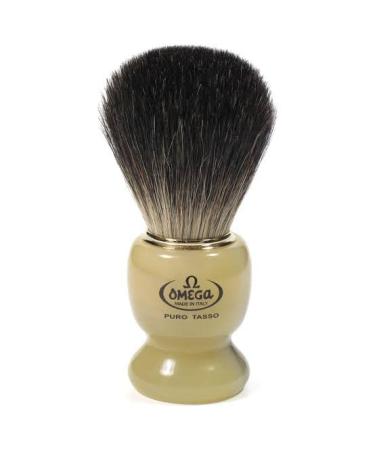 Omega shaving brush in black badger with resin handle and stand.