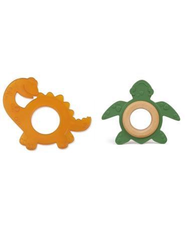 Green woodpecker organic bite ring made of natural rubber for dental baby massage gums bpa free soft promotes fine motor skills dinosaur (639-V1) & organic bites made of natural rubber with wooden ring dinosaurs bundle with bio-bite animal