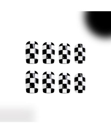 Short Square Press On Nails - Black White Checkerboard Design Reusable Full Cover Stick On Nails Kit for Women - Buy Online on GoSupps.com