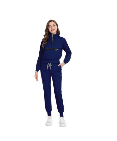 niaahinn Scrub Set with Long Sleeve for Women Scrub Top & Jogger Scrub Pants Medical Working Uniforms with Pockets Navy Blue Small