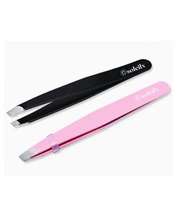Soleilx Professional eyebrows tweezers set (2 pieces black+pink) eyebrow guns eyelashes thin non -slip lace - precision tweezers - eyebrow epilier for men and women