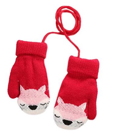 iEasey Cute Baby Winter Knitted Warm Mittens On String 0-3 Years Infant Toddler Fox Thick Fleece Lined Gloves Kid Ski Snow Insulated Gloves Cold Weather Hand Warmer for Baby Girls Boys Xmas Gift Red #C Red