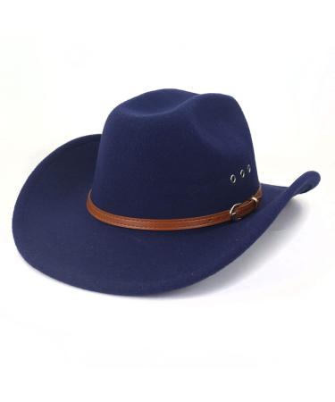 EXVVQOQO Men & Women Western Style Hat Wide Brim Outdoor Fedora Hat Cowboy Cowgirl Hats with Buckle Belt Navy Blue