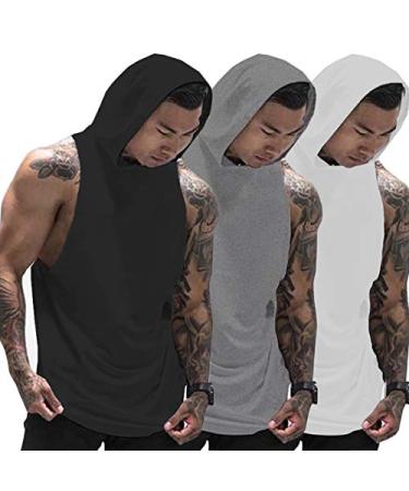 Muscle Killer 3 Pack Men's Workout Hooded Tank Tops Bodybuilding Muscle Cut Off T Shirt Sleeveless Gym Hoodies Black+gray+white Medium