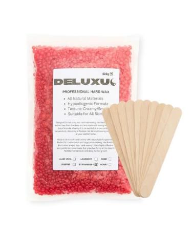 DELUXUS Waxing Beads 500g Hard Wax Beads Brazilian Bikini Wax with 10 Applicators Wax Beads for Face Upper Lip Legs Armpit Eye Brow for Fine Hair Removal. (Strawberry)