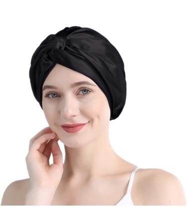 GuineQueen 22 Momme 100% Mulberry Silk Sleep Cap for Women Hair Care Natural Silk Night Bonnet with Elastic Stay On Head Black - Buy Online on GoSupps.com