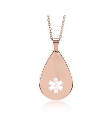 BAIYI HOPE Rose Gold Medical Alert Necklace Teardrop Pendant Arc Surface Emergency ID Dog Tag for Women (Free Engraving)