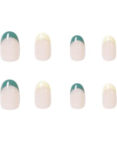 Justotry 24 Pcs Almond False Nails Short Teal and Yellow French | Nude Fake Nails with Nail Glue | Oval Stick on Nails for Women - Buy Online on GoSupps.com