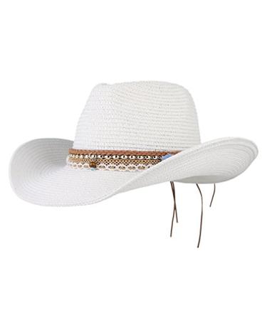 GEMVIE Cowboy Cowgirl for Women Mens Floppy Sun Hat Fedora Straw Wide Brim Cowboy Beach Cap White