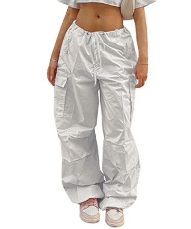 FEOYA Women Baggy Cargo Pants Drawstring Loose Straight Leg Hip Hop Parachute Pant Y2K Egirl Joggers C White Small