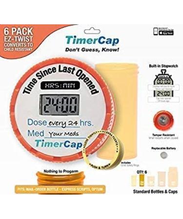 TimerCap Automatically Displays Time Since Last Opened - Built-in Stopwatch Smart Pill Bottle Cap Medication Reminder Case ( Qty 6 - Standard 1.8 oz Amber Bottles) EZ -Twist / CRC