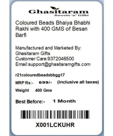 Ghasitaram Gifts Rakhis Online - Rakhi for Brother- Coloured Beads Bhaiya Bhabhi Rakhi with 400 GMS of Besan Barfi Rakhi Set with 400 gms of Besan Barfi - Buy Online on GoSupps.com