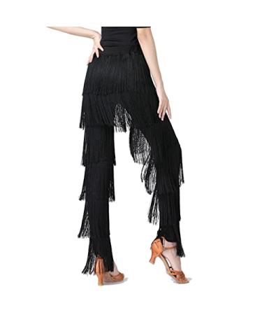 ZBH1985 Women's Latin Dance Pants Tassel Ballroom Dance Professional Black Adult Fringe Rumba Tango Salsa Practice Pants X-Large Black