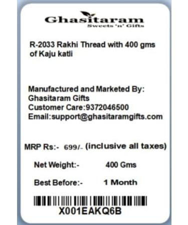 Ghasitaram Gifts Rakhi for Brother Rakhis Online - R-2033 Rakhi Thread with 400 GMS of Kaju katli Rakhi with 400 gms of Kaju katli - Buy Online on GoSupps.com