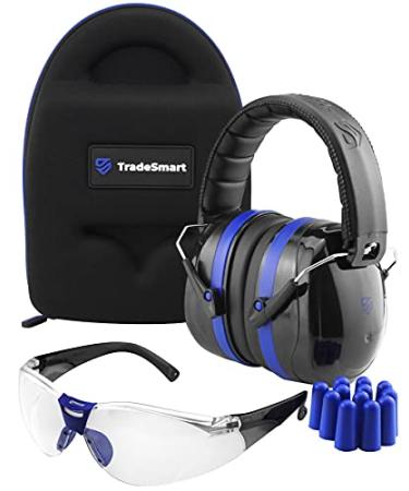 TradeSmart Couples Gifts - All-in-One Shooting Ear & Eye Protection Earmuffs Earplugs Glasses & Case Gifts for Her & Him Blue - Clear