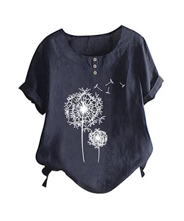 Cotton Linen Tops for Women Floral Printed Crew Neck Short Sleeve Tunic Shirts Casual Loose Fit Blouses Navy-a Medium