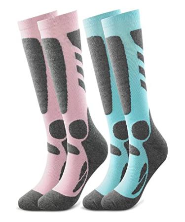SincereWA Women's Ski Socks for Skiing, Snowboarding, Outdoor Sports,2 Pack, Winter Performance Socks, Pink, blue, 4-10