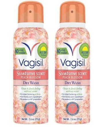 Vagisil Scentsitive Scents Feminine Dry Wash Deodorant Spray for Women Gynecologist Tested Paraben Free Peach Blossom 2.6 Ounce (Pack of 2) Peach Blossom 2.6 Ounce (Pack of 2)