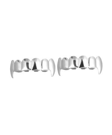 Amosfun 2pcs Werewolf Teeth Halloween Decor Accessories Halloween Party Supplies Teeth Grill Set Artificial Teeth Fake Upper Teeth Silver Plated Teeth Men and Women Silver Prom Supplies