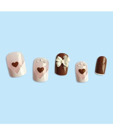 Short Round French style coffee white short style coffee color love white bow fake nails Press On Nails with Nail Tips press on nails Acrylic False Nails Cute Artificial Nails for Women and Girls - Buy Online on GoSupps.com