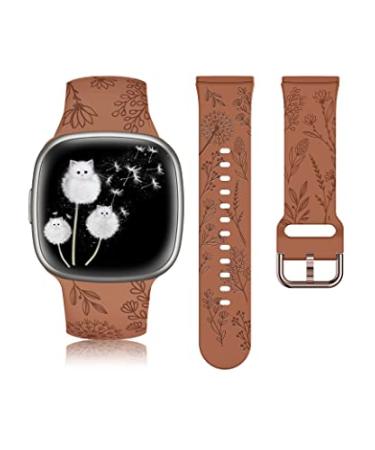 Minyee Floral Engraved Band Compatible with Fitbit Versa 4/Versa 3/Sense 2/Sense Band Women, Cute Soft Silicone Dandelion Flower Pattern Sport Designer Fancy Summer Strap for Versa 4 Brown