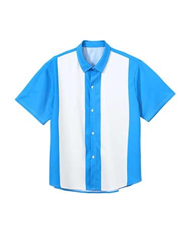 Moily Men's Retro Classic Two Tone Bowling Casual Dress Shirt Charlie Sheen Button-Down Camp Shirt Blue Short Sleeve 3X-Large