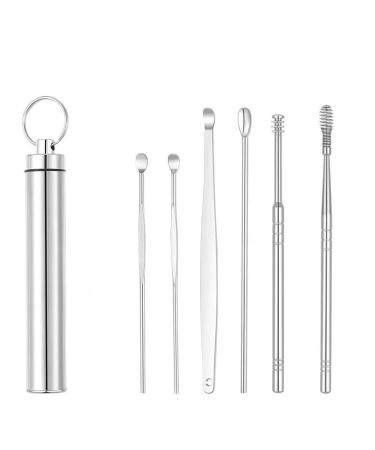 MOMOQ 6 in 1 Ear Wax Removal Tool Kit Stainless Steel Ear Cleaner with Portable Storage Case for Adults Kids (Silver) 6.0 Count