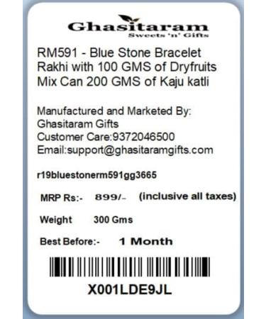Ghasitaram Gifts Rakhi for Brother Rakhis Online - RM591 - Blue Stone Bracelet Rakhi with 100 GMS of Dryfruits Mix Can 200 GMS of Kaju katli Rakhi & 100g Dryfruits Mix Can 200g Kaju katli - Buy Online on GoSupps.com