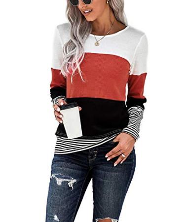 Womens Striped Long Sleeve T Shirts Color Block Comfy Casual Blouses Tunics  Tops Fashion Clothes 1-red Medium