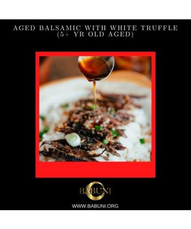 BABUNI AGED White truffle Balsamic Condiment ( 5 + yrs aged in barrels)100 ML One of a kind It is a 100% natural product. It does not contain preservatives dyes thickeners or added sulphites. A condiment with a special perfume and an intense taste. Instea - Buy Online on GoSupps.com