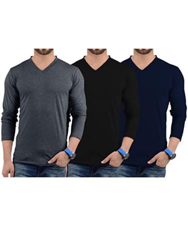 Decrum V Neck Long Sleeve Mens Tshirts Multipack - Soft Comfortable Full Sleeves T Shirts for Men Pack of 3 Pack of 3 - Lgs Set 10 V-neck Shirt Mens X-Large