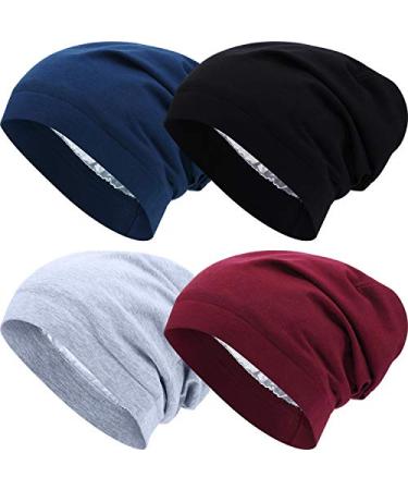 4 Pieces Satin Lined Sleep Cap Slouchy Beanie Hat Night Hair Cap for Women Wine Red/Black/Navy Blue/Gray