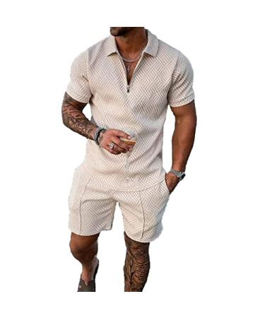 BIRW Mens Short Sets 2 Piece Outfits Polo Shirt Fashion Summer Tracksuits Casual Set Short Sleeve and Shorts Set for Men XX-Large Beige